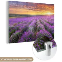 MuchoWow Glasschilderij 60x40 cm - Schilderij acrylglas - Lavendel - Wolken - Lente - Foto op glas - Schilderijen