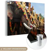 MuchoWow Glasschilderij 180x120 cm - Schilderij acrylglas - Olifant - Parade - Dieren - Foto op glas - Schilderijen
