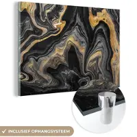 MuchoWow Glasschilderij 180x120 cm - Schilderij acrylglas - Marmer - Acryl - Goud - Luxe - Abstract - Foto op glas - Schilderijen