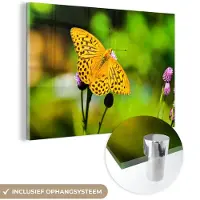 MuchoWow - Glasschilderij - Vlinders - Geel - Bloem - Dieren - Foto op glas - 180x120 cm - Acrylverf - Glasschilderij natuur - Muurdecoratie glas - Wanddecoratie - Glasschilderij vlinder