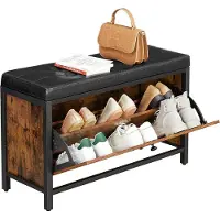 Vasagle Schoenbank, gewatteerde schoenorganisatie met klep, schoenenkast voor 6 paar schoenen, stalen frame, industrieel ontwerp, vintage bruin-zwart
