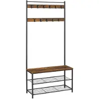Acaza Groot Garderoberek XL met Schoenenbank - 175 cm Hoog en 85 cm Breed - Bruin Vintage Hout en Zwart Metalen Frame