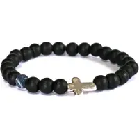 Heaven Eleven - heren armband - Zwart Hout met Agaat natuursteen kraal met Zilverkleurige kruis 8mm - 21cm