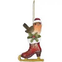 Clayre & Eef Kersthanger Vogel 8 cm Rood Bruin Kunststof Kerstbal Rood Kerstbal