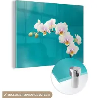 MuchoWow Glasschilderij 160x120 cm - Schilderij acrylglas - Orchidee - Bloemen - Plant - Wit - Paars - Foto op glas - Muurdecoratie woonkamer - Wanddecoratie slaapkamer - Schilderijen