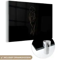 MuchoWow Glasschilderij 180x120 cm - Schilderij acrylglas - Vrouw - Zwart - Goud - Line art - Foto op glas - Schilderijen