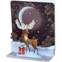Pictura Reindeer with Leaves Antlers, Dark Sky, Crescent Moon 3D Pop-Up Christmas Card 2x