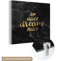 MuchoWow Glasschilderij 20x20 cm - Schilderij acrylglas - Quotes - Dream - Goud - Marmer - Foto op glas - Schilderijen