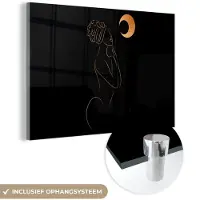 MuchoWow Glasschilderij 180x120 cm - Schilderij acrylglas - Vrouw - Maan - Goud - Line art - Foto op glas - Schilderijen