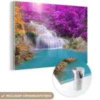 MuchoWow Glasschilderij 180x120 cm - Schilderij acrylglas - Waterval - Bomen - Regenboog - Paars - Foto op glas - Schilderijen