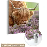 MuchoWow Glasschilderij 20x20 cm - Schilderij acrylglas - Schotse Hooglander - Paars - Bloemen - Foto op glas - Schilderijen