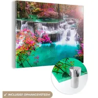 MuchoWow - Glasschilderij - Schilderij natuur - Waterval - Landschap - Bos - Oase - Acrylglas - Foto op glas - Kamer decoratie - 160x120 cm - Schilderijen woonkamer