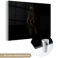 MuchoWow Glasschilderij 60x40 cm - Schilderij acrylglas - Zonnebril - Zwart - Goud - Line art - Foto op glas - Schilderijen