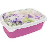 MuchoWow Broodtrommel Roze - Lunchbox - Brooddoos - Lavendel - Vlinder - Bloemen - 18x12x6 cm - Kinderen - Meisje
