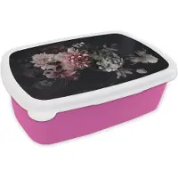 MuchoWow Broodtrommel Roze - Lunchbox - Brooddoos - Bloemen - Vintage - Pastel - Zwart - Boeket - 18x12x6 cm - Kinderen - Meisje