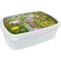 MuchoWow Broodtrommel Wit - Lunchbox - Brooddoos - Bloemen - Natuur - Groen - Gras - Paars - Wit - 18x12x6 cm - Volwassenen