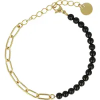 My Bendel - Combi Schakelarmband Goudkleurig Onyx Edelsteen - Goudkleurige Schakelarmband met Onyx Edelstenen - met Luxe Cadeauverpakking | Sieraden Voor Dames