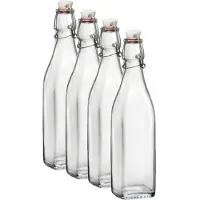 Bormioli Rocco beugelfles/weckfles - 4x - 1 liter - glas - vierkant - water/olie/azijn/sapjes - Karaffen