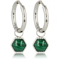 My Bendel - Oorbellen Zilverkleurig Zeshoek met Malachite Edelsteen - Zilverkleurige Zeshoek Oorbellen met Malachite - met Luxe Cadeauverpakking | Sieraden Voor Dames