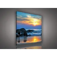 Canvas Schilderij - Landschap - Zee - Oceaan - Rotsen - Zonsondergang - Wolken - Horizon - Strand - Inclusief Frame - 80x60cm (lxb)