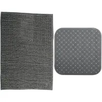 MSV Douche anti-slip mat en droogloop mat - Sevilla badkamer set - rubber/microvezel - donkergrijs - Badmatjes