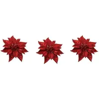 Cosy & Trendy 3x Kerstversieringen kerststerren bloemen rode op clip - Kersthangers