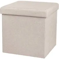 Urban Living Poef/hocker - opbergbox zit krukje - beige - linnen/mdf - 37 x 37 cm - opvouwbaar - Poefs