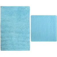MSV Douche anti-slip mat en droogloop mat - Napoli badkamer set - rubber/polyester - lichtblauw - Badmatjes