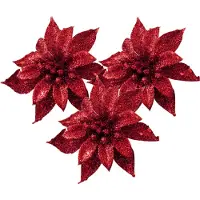 Cosy & Trendy Cosy and Trendy kerst bloem op clip - 3x- rood -8 cm - glitters - Kersthangers