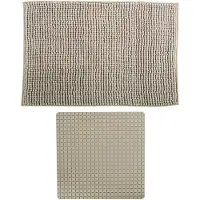 MSV Douche anti-slip mat en droogloop mat - Sevilla badkamer set - rubber/microvezel - beige - Badmatjes