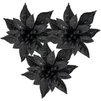 Cosy & Trendy Cosy and Trendy kerst bloemen op clip - 3x- zwart -8 cm - glitters - Kersthangers
