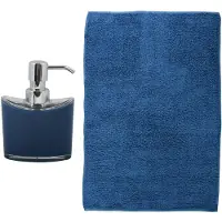 MSV badkamer droogloop mat/tapijt - Bologna - 45 x 70 cm - bijpassende kleur zeeppompje - donkerblauw - Badmatjes