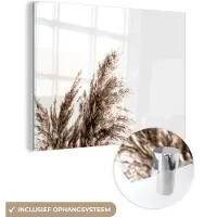 MuchoWow Glasschilderij 160x120 cm - Schilderij acrylglas - Pampas pluimen - Natuur - Pampasgras - Foto op glas - Muurdecoratie woonkamer - Wanddecoratie slaapkamer - Schilderijen