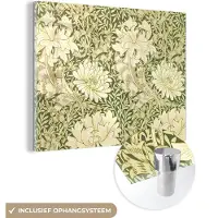 MuchoWow Glasschilderij 160x120 cm - Schilderij acrylglas - Rozen - Bloemen - Groen - William Morris - Foto op glas - Schilderijen