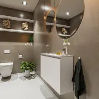 Mondiaz ture 80 cm toiletmeubel linen. Eden wastafel talc links 1 kraangat