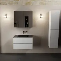 Mondiaz AIVY 80cm badmeubel Talc, wastafel Urban solid surface midden zonder kraangat met spiegelkast (AI-351171URBAN-NO - AI-M80TAMI - AI-C80TAMI)