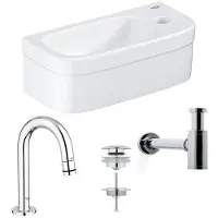 GROHE Euro fonteinset 37x18cm gebogen kraan Saniclass sifon afvoerplug Chroom Wit sw1175/0437366/sw6267/sw197129/