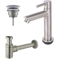 FortiFura Calvi Fonteinkraanset - staande fonteinkraan - laag - always open plug - design sifon - PVD - geborsteld RVS SW696237/SW696207/SW696217