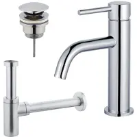 FortiFura Calvi Slim Wastafelkraanset - lage wastafelkraan - klikwaste plug - design sifon - Chroom SW377812/SW696203/SW696214