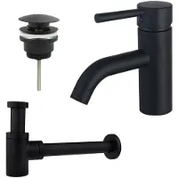 FortiFura Calvi Wastafelkraanset - lage wastafelkraan - klikwaste plug - verlaagde design sifon - Mat zwart SW377833/SW696199/SW696215