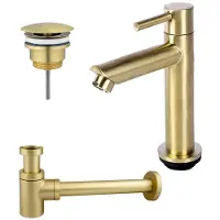 FortiFura Calvi Fonteinkraanset - staande fonteinkraan - laag - always open plug - design sifon - PVD - geborsteld messing (goud) SW696238/SW696208/SW696218