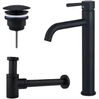 FortiFura Calvi Wastafelkraanset - verhoogde wastafelkraan - always open plug - verlaagde design sifon - Mat zwart SW377834/SW696205/SW696215