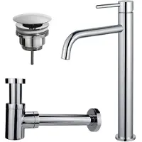 FortiFura Calvi Slim Wastafelkraanset - verhoogde wastafelkraan - always open plug - verlaagde design sifon - chroom SW377813/SW696209/SW696219