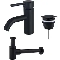 FortiFura Calvi Wastafelkraanset - lage wastafelkraan - always open plug - verlaagde design sifon - Mat zwart SW377833/SW696205/SW696215