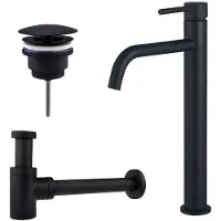 FortiFura Calvi Slim Wastafelkraanset - verhoogde wastafelkraan - always open plug - verlaagde design sifon - Mat zwart SW377836/SW696205/SW696215