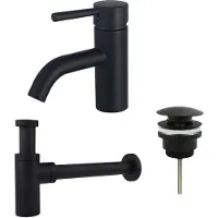 FortiFura Calvi Wastafelkraanset - lage wastafelkraan - klikwaste plug - design sifon - Mat zwart SW377833/SW696199/SW696210