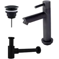 FortiFura Calvi fonteinkraanset met staande fonteinkraan laag, always open plug en design sifon Mat Zwart SW696235 / SW696205 / SW696215