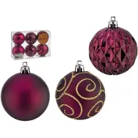 Krist+ kerstballen - 6x stuks - wijn rood - kunststof - gedecoreerd -6 cm - Kerstbal