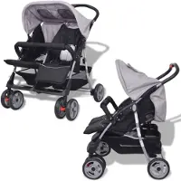 The Living Store Tweelingwagen - Kinderwagen - Grijs/Zwart - 80x96x104 cm - Duurzaam en handig - Verstelbare rugleuning