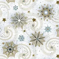 Daisy kerst thema servetten - 60x st - 33 x 33 cm - sneeuwvlokken - goud/turquoise